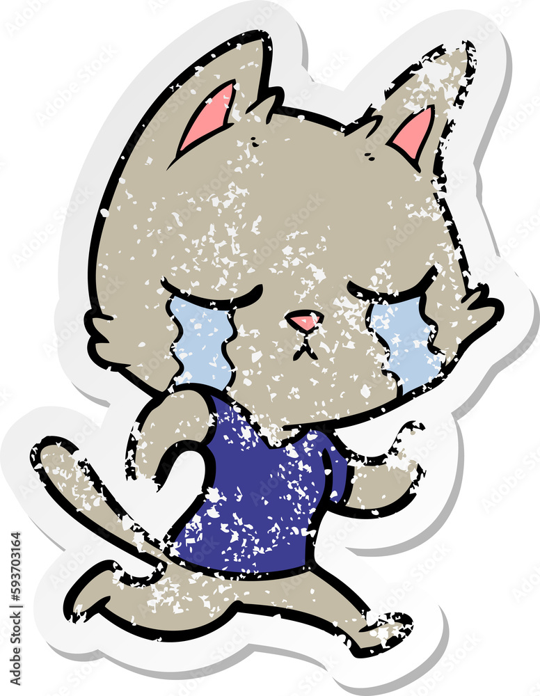 distressed sticker of a crying cartoon cat running away distressed sticker of a crying cartoon cat running away