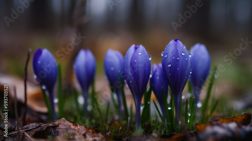 spring crocus flowers under rain new quality nature stock image illustration desctop wallpaper design generative ai photo