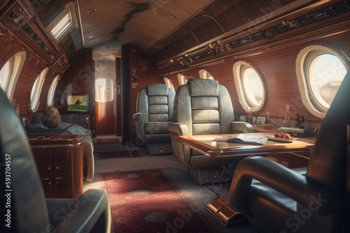 Airplane interior with lether seats and wood. Luxury style first-class jet generative ai © Roman