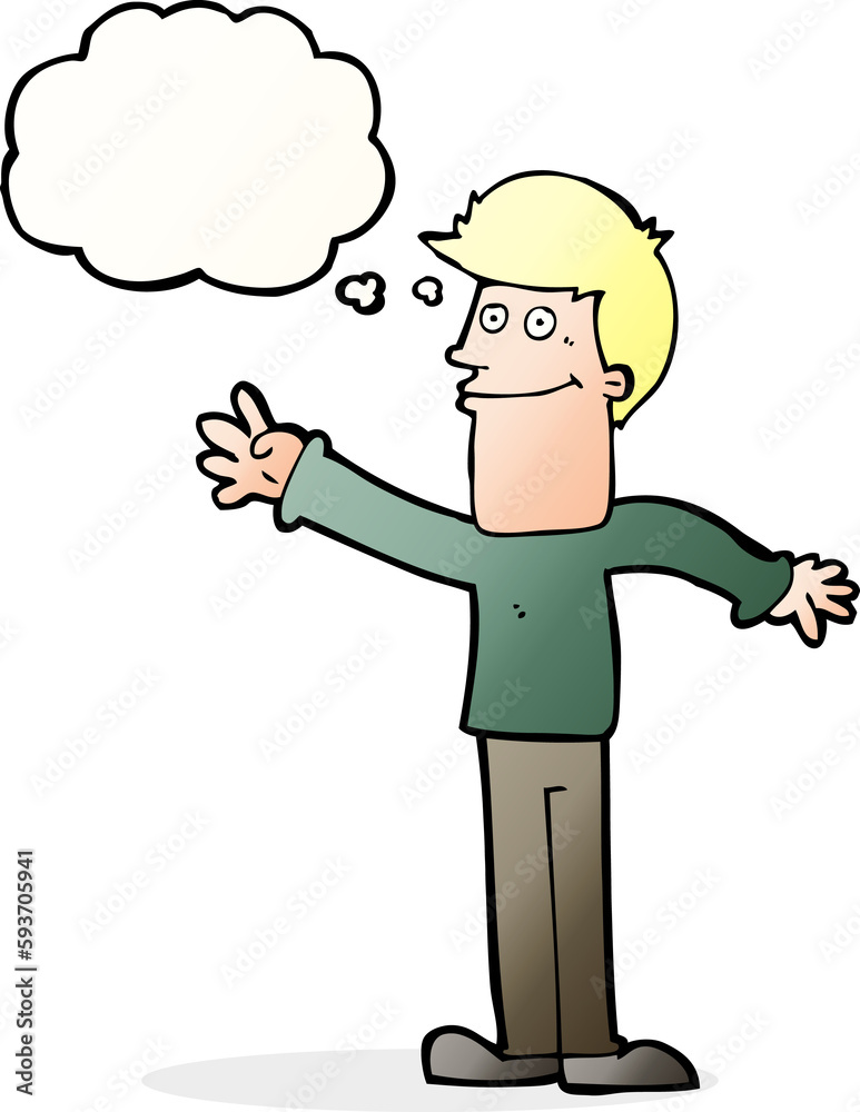 cartoon happy man waving with thought bubble cartoon happy man waving with thought bubble