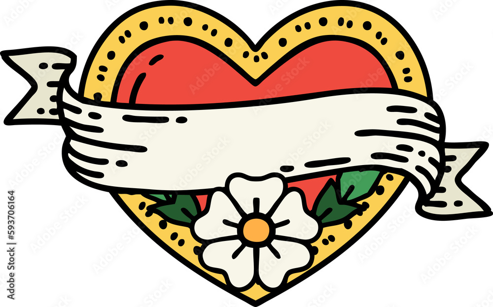 traditional tattoo of a heart and banner with flowers