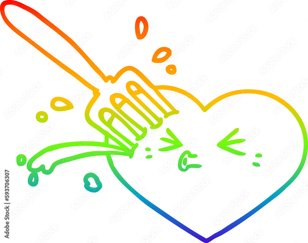 rainbow gradient line drawing cartoon love heart stuck with fork