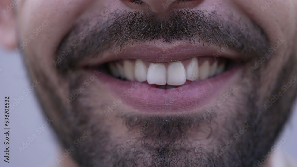One happy Middle Eastern man mouth closeup smile. Bearded male person macro detail smiling One happy Middle Eastern man mouth closeup smile. Bearded male person macro detail smiling