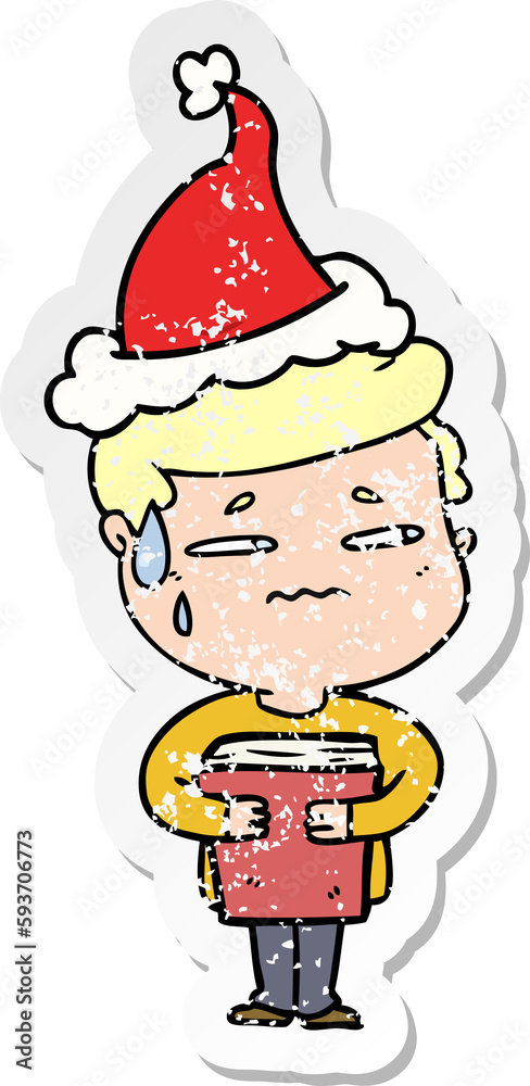 distressed sticker cartoon of a anxious boy carrying book wearing santa hat distressed sticker cartoon of a anxious boy carrying book wearing santa hat
