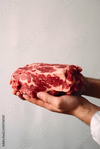 Man's Hands Holding Raw Meat on White Background. Generative ai