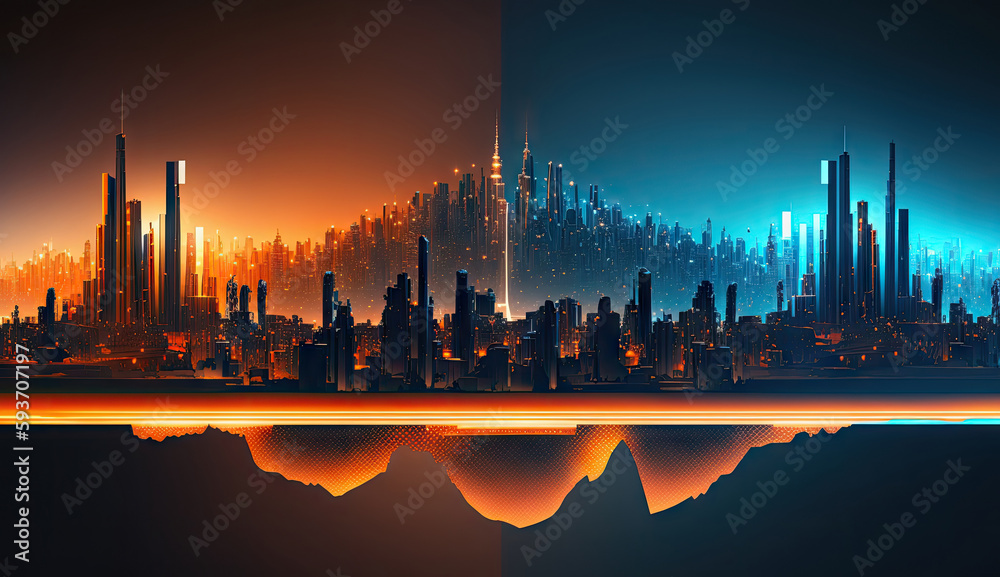 Blue and orange color Neon mega city capital towers with futuristic technology background future modern building virtual reality digital design digital technology scene with Generative Ai.