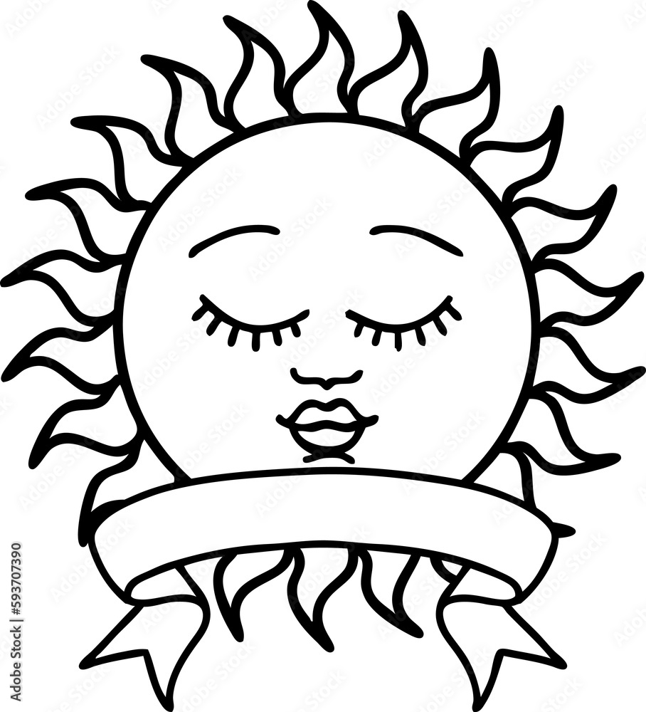 black linework tattoo with banner of a sun with face black linework tattoo with banner of a sun with face