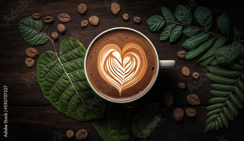 Coffee latte with creamy and foam in cup and latte art shape on dark wooden table, with coffee beans decoration, calm and relax coffee, relaxation time, hot beverage, with Generative AI.