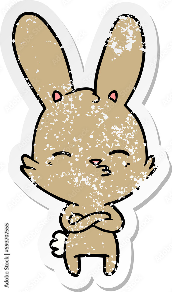 distressed sticker of a curious bunny cartoon distressed sticker of a curious bunny cartoon