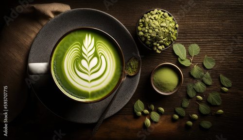 Matcha green tea with latte art foam in cup with powder on dark wooden table, latte art, hot green tea, milk, soy milk, Morning traditional beverage with Generative AI.