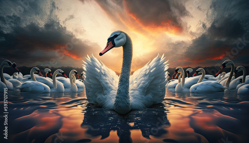 Fototapeta Naklejka Na Ścianę i Meble -  White swan swimming at lake in the morning with sunlight and cloudy sky in the middle of crowd swans, animal life concept, nature wildlife background, with Generative AI.