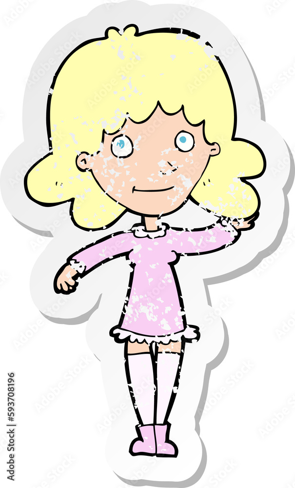 retro distressed sticker of a cartoon friendly woman waving retro distressed sticker of a cartoon friendly woman waving