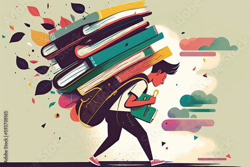 Illustration of a student caring heavy books on his back. Education concept created with generative AI