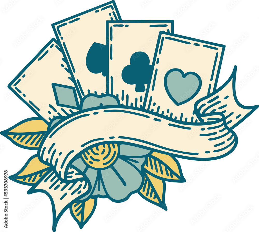 tattoo style icon of cards and banner