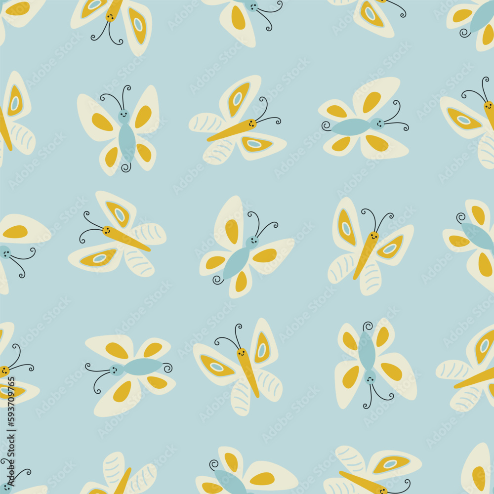 Kids Seamless pattern with cute butterflies. Vector illustration in simple doodle style