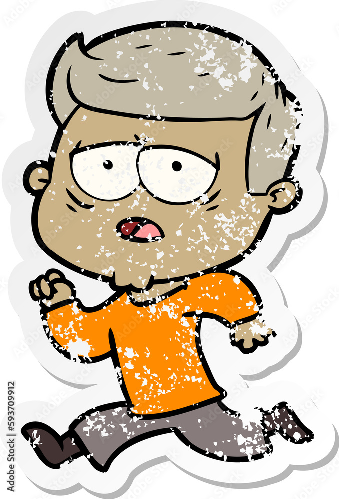 distressed sticker of a cartoon tired man distressed sticker of a cartoon tired man