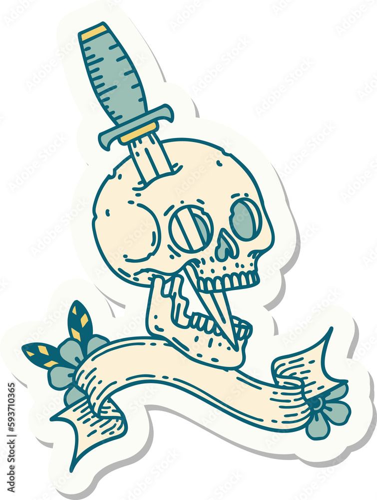 tattoo sticker with banner of a skull and dagger