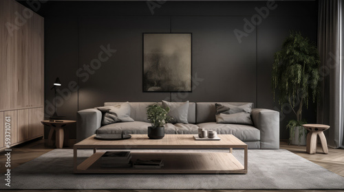 Modern interior design of living room with grey sofa and wooden coffee table