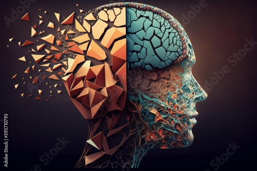 Memory loss due to dementia, alzheimer. Illustration of a human head with a brain losing parts. World mental health day. World Parkinson day concept. Generative ai.