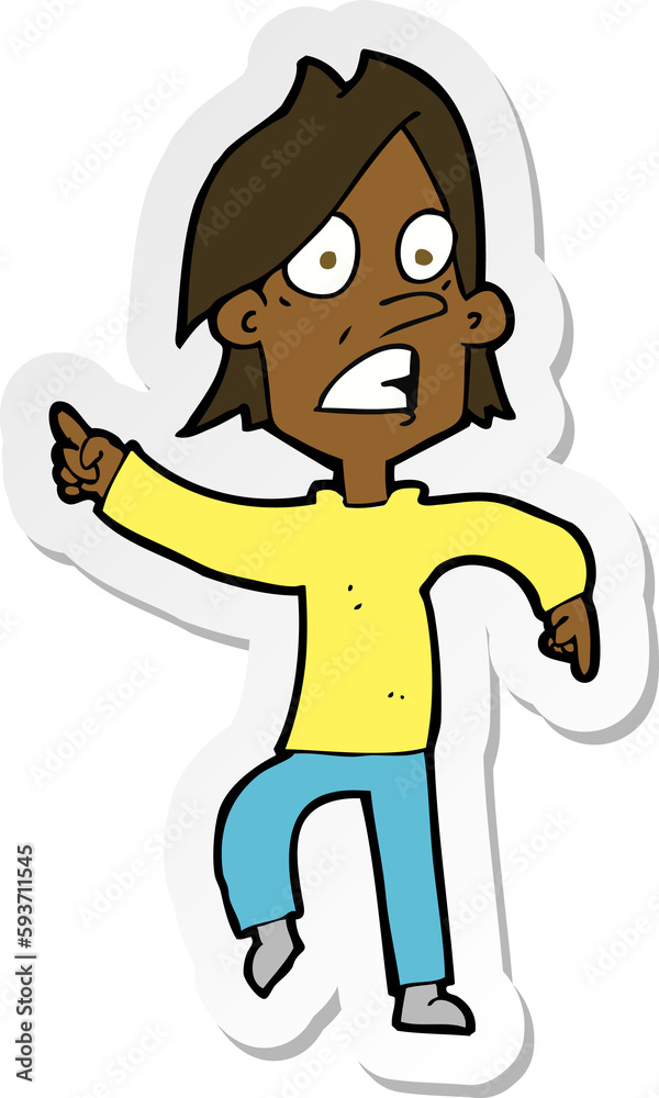 sticker of a cartoon worried man pointing