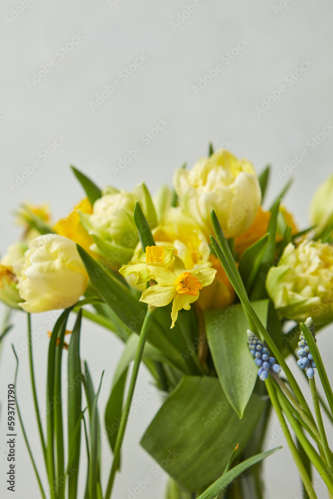 Narcissuses, hyacinths and yellow tulips bouquet. Narcissuses, hyacinths and yellow tulips bouquet.