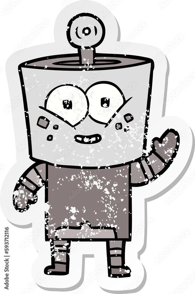 distressed sticker of a happy cartoon robot waving hello distressed sticker of a happy cartoon robot waving hello