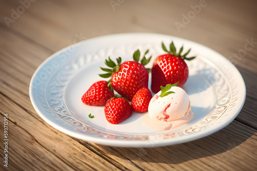 Ice cream balls and juicy red strawberries on a plate on a wooden table with the sea and the beach as a background. Ai generative.