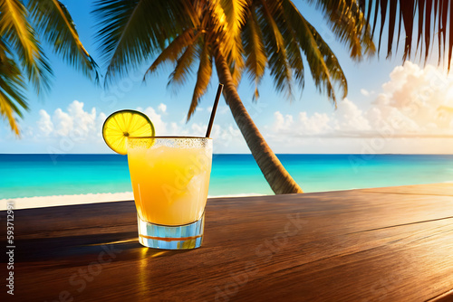A glass of exotic cocktail on a table with the sea, beach and palm trees in the background. Ai generative.
