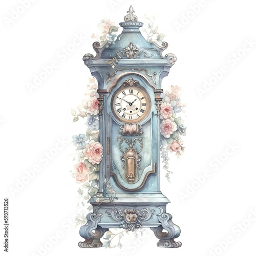 roman antique clock with flowers isolated on white background 