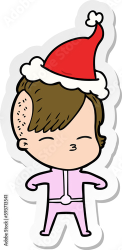 sticker cartoon of a girl wearing futuristic clothes wearing santa hat