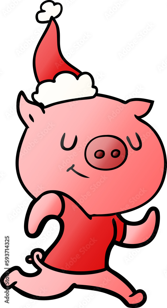 happy gradient cartoon of a pig running wearing santa hat happy gradient cartoon of a pig running wearing santa hat