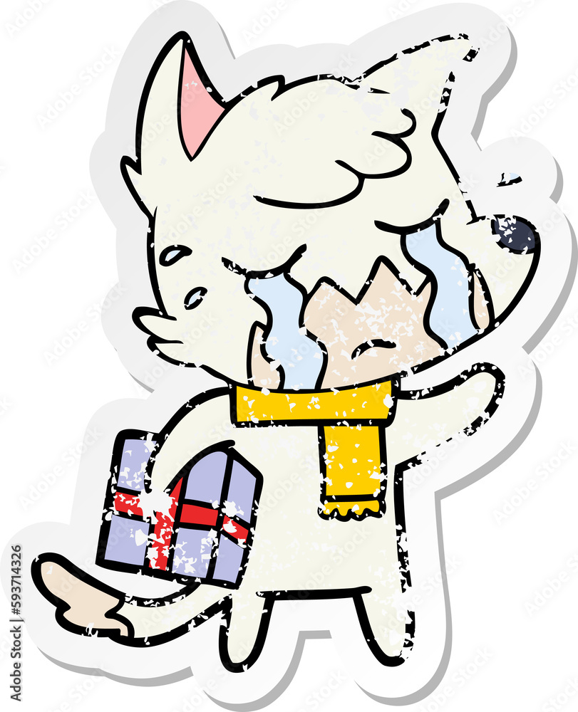 distressed sticker of a crying christmas fox cartoon distressed sticker of a crying christmas fox cartoon