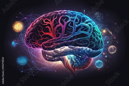 Abstract Illustrations Human Brain Anatomy Connected to other worlds, Dream State, Generative AI