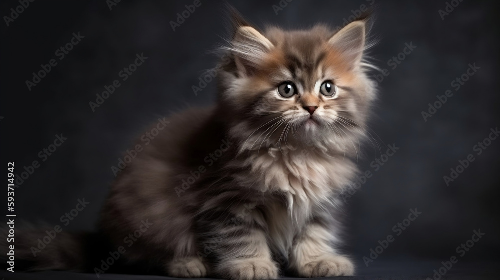 little fluffy kitten on a gray background, Generative Ai