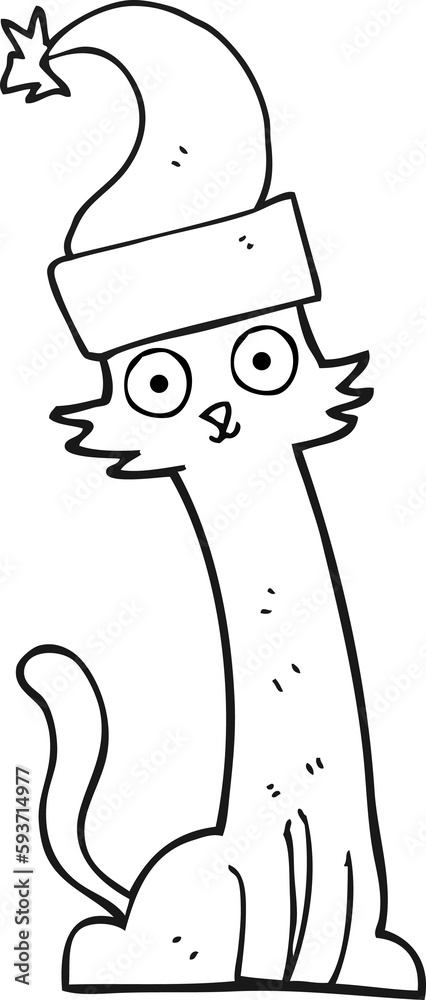 black and white cartoon cat in christmas hat black and white cartoon cat in christmas hat
