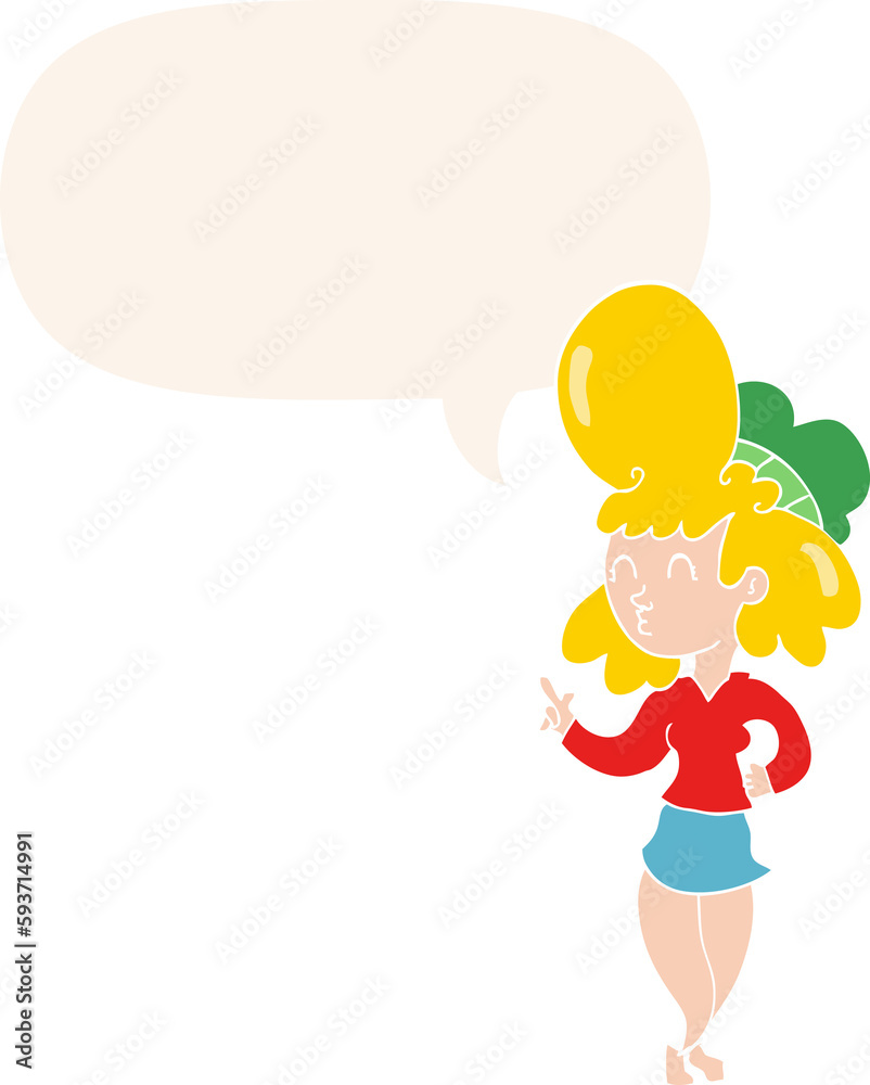 cartoon woman and big hair and speech bubble in retro style cartoon woman and big hair and speech bubble in retro style