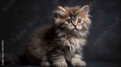 little fluffy kitten on a gray background, Generative Ai