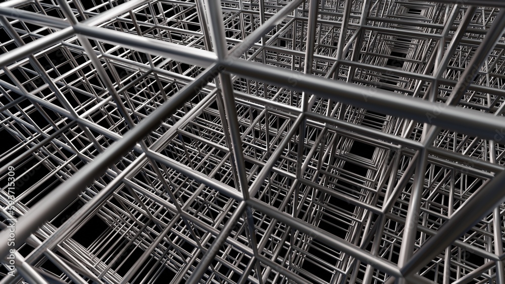 3d cube grid made of rods, lattice network. Array of metal scaffolding. 3d geometric grid. 3d render illustration