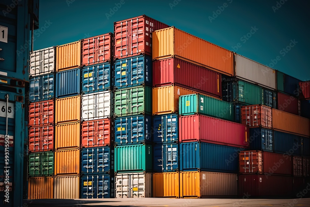 Fototapeta premium Stack of many colorful shipping containers, generative AI.