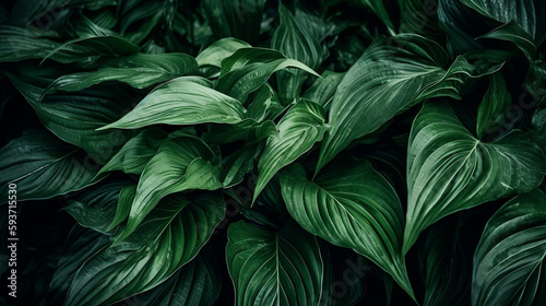 leaves of Spathiphyllum cannifolium, abstract green texture, nature background, tropical leaf, Generative Ai