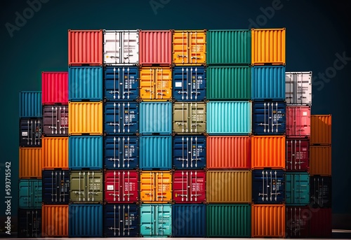 Stack of many colorful shipping containers, generative AI.