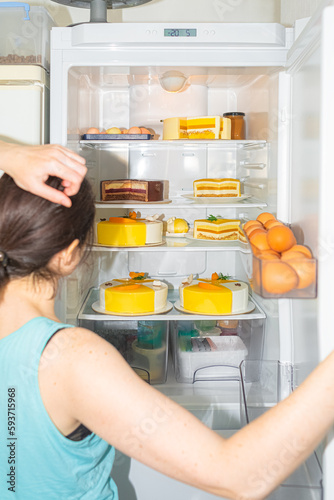 The thoughtful girl opened the refrigerator filled only with cakes photo