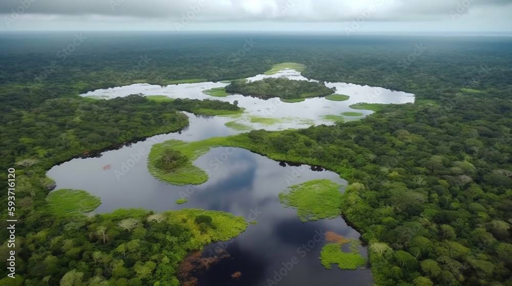 Aerial Shot of Amazon rainforest in Brazil, South America, Generative Ai