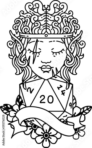 elf barbarian character face with natural twenty dice roll illustration