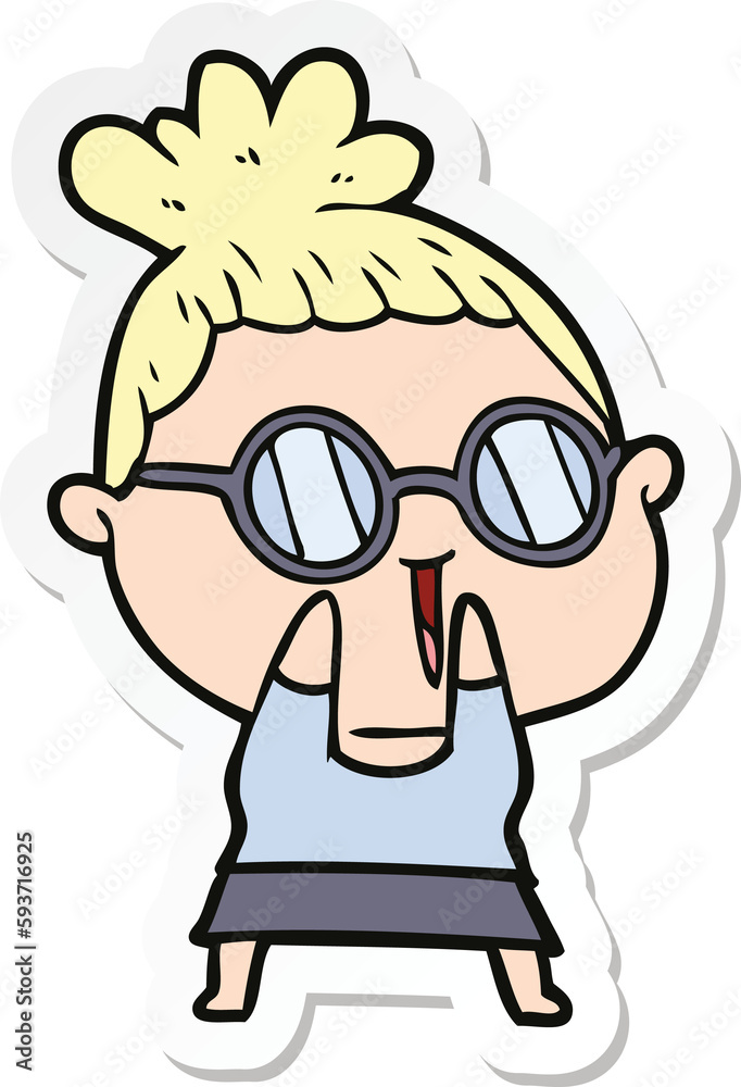 sticker of a cartoon shy woman wearing spectacles
