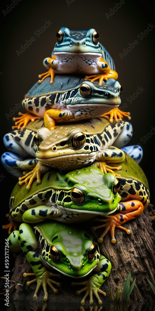 Fototapeta premium bright assorted stack of swamp frogs, collection of frogs, abstract art 