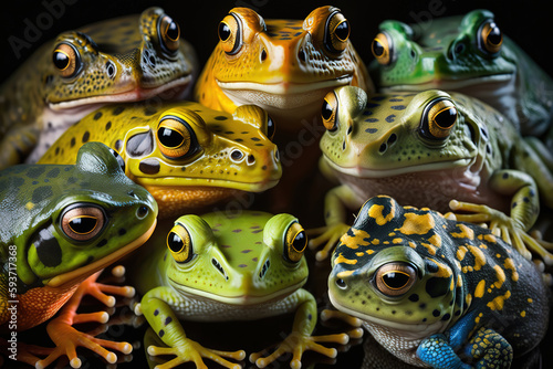 bright assorted stack of swamp frogs  collection of frogs  abstract art 