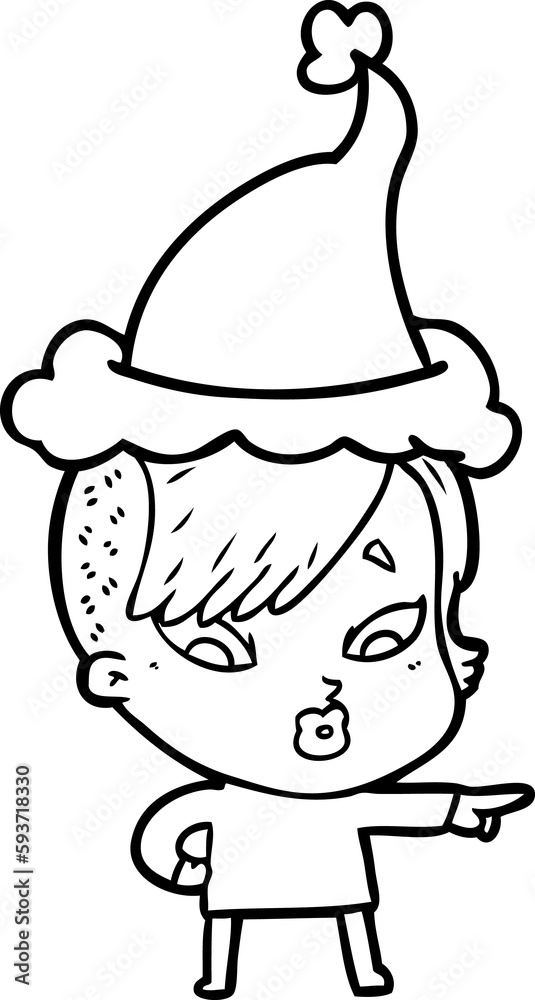 Fototapeta premium line drawing of a surprised girl pointing wearing santa hat