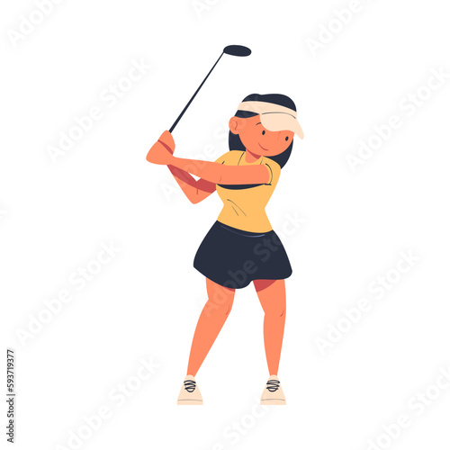 Woman Character Playing Golf with Club Enjoying Recreation Activity Vector Illustration