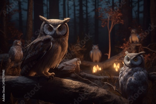 A detailed illustration of a group of nocturnal animals, such as owls or bats, in their natural environment, Generative AI